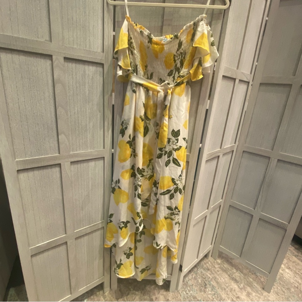 Off Shoulder Lemon Print Hi-Low Ruffle Sun Dress - Picture 3 of 7